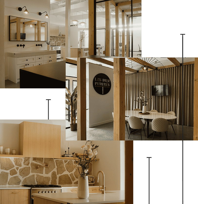 Lesbienperches interieur moderne avec cuisine conviviale et espace de travail chaleureux, design épuré et ambiance cozy.