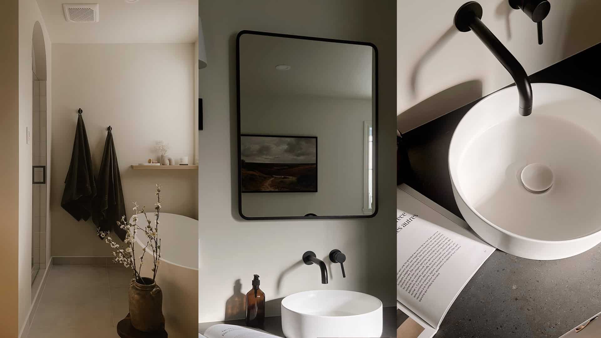 Minimaliste salle de bain moderne avec miroir noir, vasque blanche et accessoires élégants.